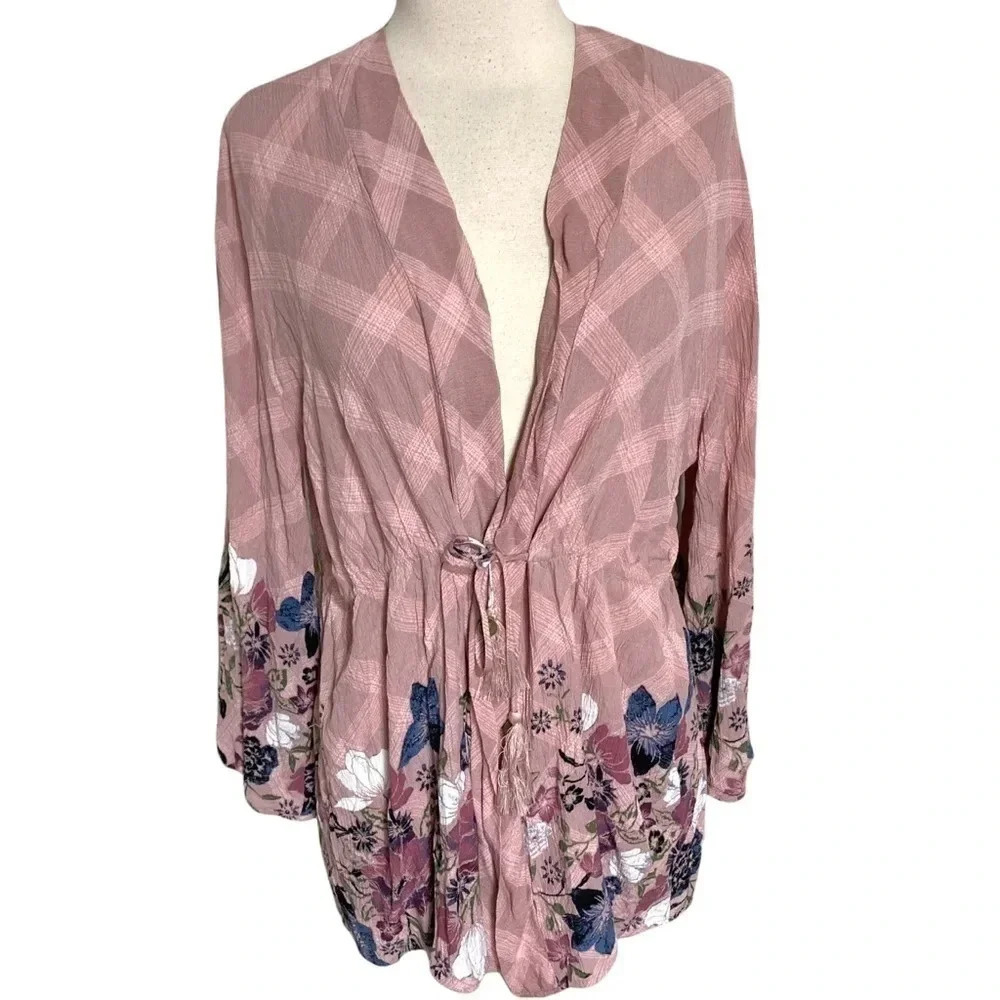 American Rag Peasant Top XS Pink Plaid Floral Tie Front Tassel Boho Blouse